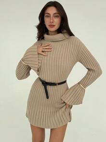 Aloruh Vestido Curto Tricotado Minimalista e Elegante com Gola Alta, Manga Longa, Recortes e Costelas para Mulheres, Outono/Inverno - Damasco - Visão 2