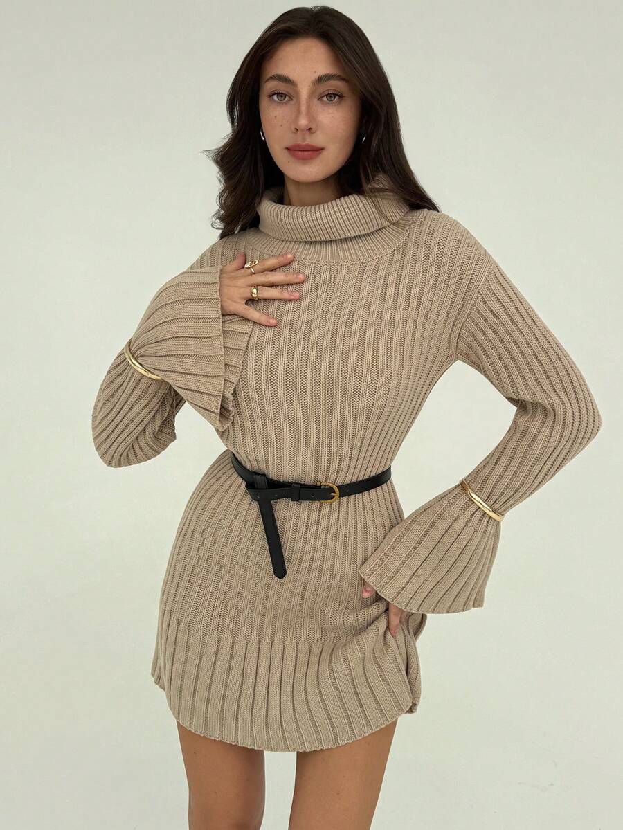Aloruh Vestido Curto Tricotado Minimalista e Elegante com Gola Alta, Manga Longa, Recortes e Costelas para Mulheres, Outono/Inverno