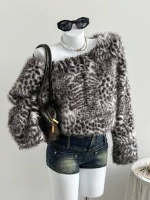 Comfortcana 女式全印花不对称领长袖仿皮草夹克，秋冬 - 彩色 - 查看 1