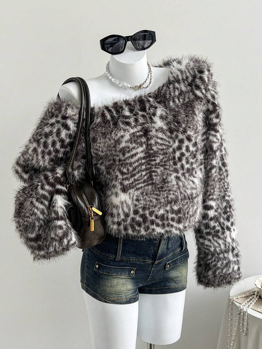 Comfortcana 女式全印花不对称领长袖仿皮草夹克，秋冬 - 彩色 - 查看 1