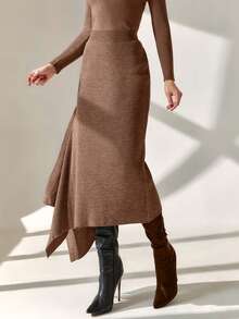 CLARA VERO Smart Office Chic Asymmetrical Cut Midi Length Knitted Skirt - Camel - View 6