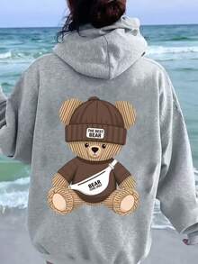 Mujer Casual Sudadera Estampado Oso Appliques Bolsillo Ajuste Holgado Capucha Manga Larga Otoño Invierno Diario - Gris - Ver 2