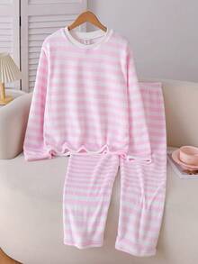Teen Girl Pink Striped Casual Plush Soft Fabric Long Sleeve Top And Pants Loungewear Set