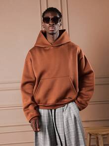 SUMWON Oversized Cropped Pullover Hoodie With Embroidered Logo Detail And Centre Pocket For Casual Streetwear Plain - Rust Brown - View 2