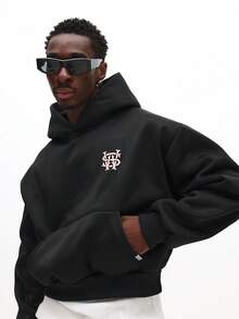 SUMWON Drop Shoulder Cropped Hoodie With Centre Pocket And Drawstring For Casual Streetwear Style - Black - View 5