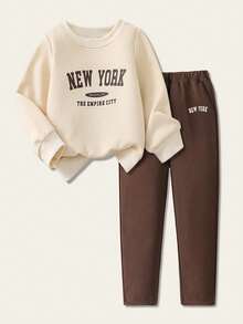 SHEIN Young Girls' Street Sweatshirt Set, Suitable For Spring & Autumn Outdoor, Children Printed Knit Sweatshirt & Leggings Cute Outfit Set - Apricot - View 3