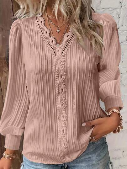 Plus Size Plain Lace Trim Long Sleeve Casual Blouse Fall Cloth For Women