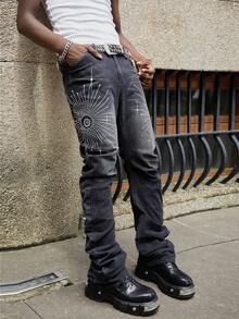 ROMWE MEN Street Life Men's Heavy Weight Layered Curve Sparkling Diamond Washed Denim Jeans - Black - View 1