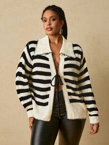 SHEIN VCAY Plus Size Striped Pattern Twist Front Casual Long Sleeve Cardigan/Winter - Black and White - View 5