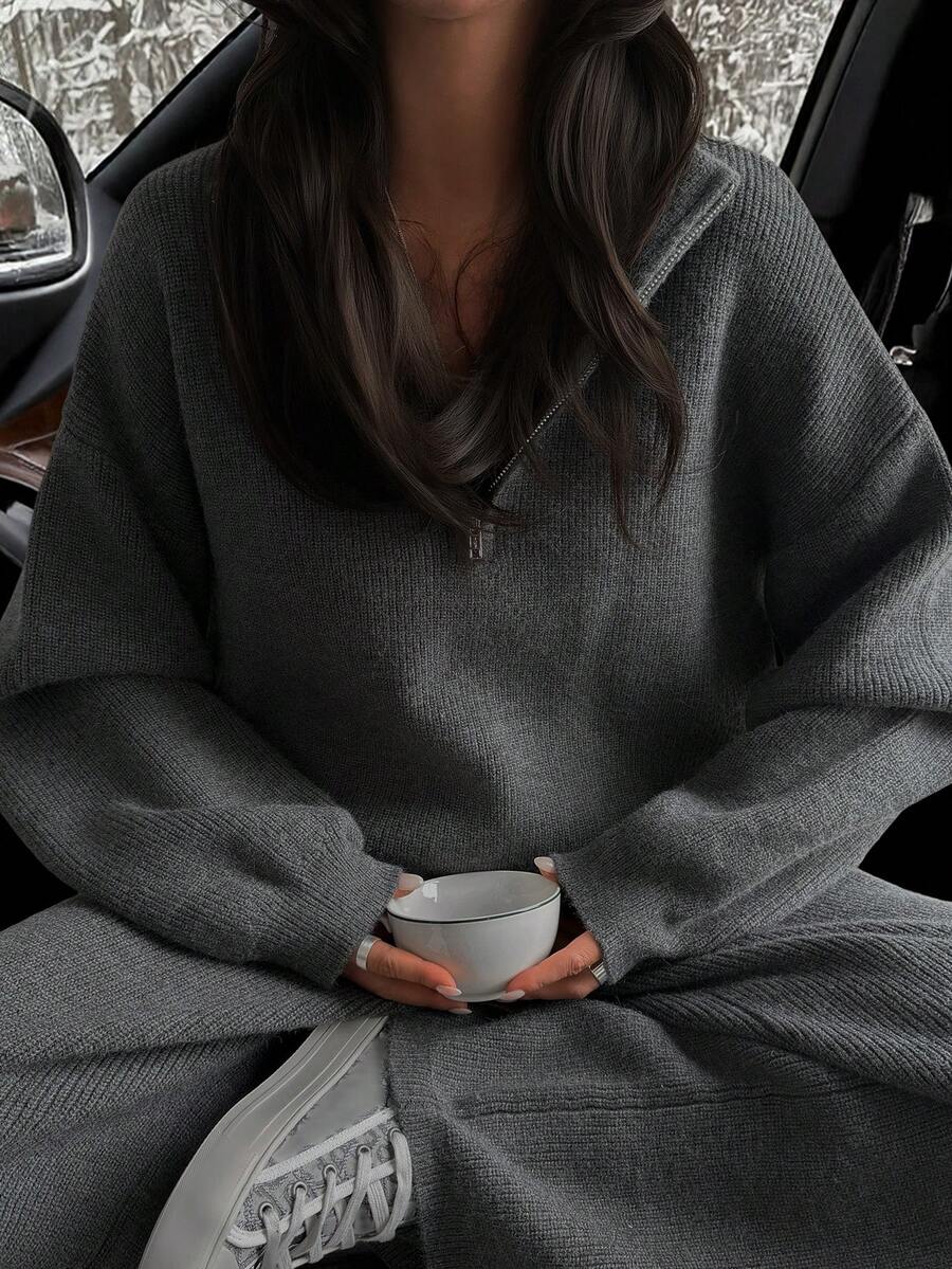 Livesso 女士宽松商务休闲针织毛衣和直筒裤两件套，秋冬 - 灰色 - 查看 1