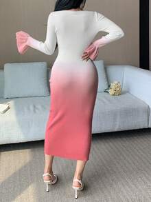 DAZY Women's Elegant Ombre Flare Sleeve Sweater Dress, Autumn/Winter - Pink - View 2