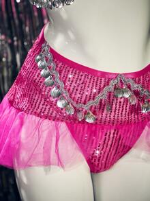 3pcs Fringe Sequin Decor Densely Embedded Crafted Design With Shimmery Pink Mesh Skirt + Underwire Cup Dreamy Sexy Lingerie Set - Hot Pink - View 6