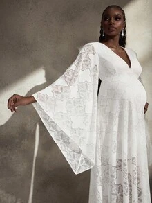 Cheriluna Maternity 优雅纯色喇叭袖孕妇装，适合拍摄照片 - 白色 - 查看 6