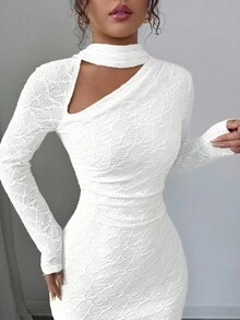 Selianne 女式针织提花优雅奶油黄色撞色领派对、正式场合长裙，秋季 - 白色 - 查看 6