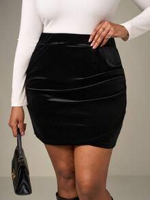 SHEIN Tall CURVE Váy ôm sát bodycon cạp cao viền hoa tulip cỡ lớn, váy quấn thanh lịch mini bó sát cạp cao màu đen trơn cho nữ - màu đen - Xem 4