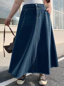 Dazy Plus 水洗猫须毛边A字长款牛仔半身裙，四季皆宜 - 中等水洗藍 - 查看 4