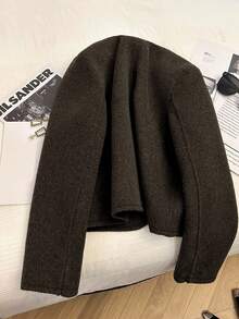 Franclia 时尚法式优雅短款棕色圆领长袖女士大衣，秋冬 - 巧克力棕 - 查看 2