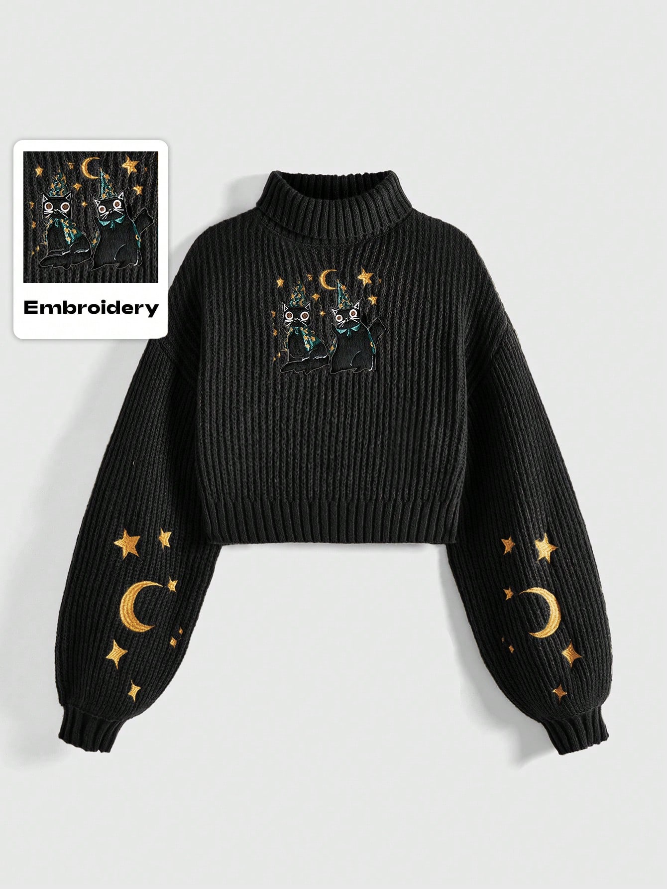 Our Libbyframe Mysterious Cat & Moon Embroidery High Neck Long