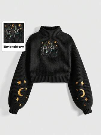 Libbyframe Mysteriöser Katzen- und Mond-Stickerei Pullover mit hohem Kragen und Langarm