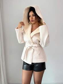 SHEIN Elenzya 女士连帽优雅休闲街头通勤商务浪漫约会派对圣诞外套，杏色，秋冬 - 杏色 - 查看 4