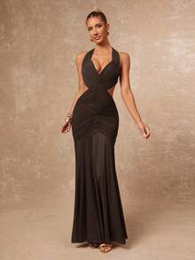 Lumalex Mesh Patchwork ausgestellter Rock durchsichtig geraffte komplexe Struktur Trägerkleid mit offenem Rücken für Frauen