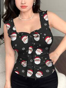 Modelyn Santa Claus & Snowflake Cartoon Print Digital Knit Bow Decor Women Camisole