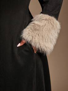 SHEIN SXY 大码女式复古性感优雅百搭哑光绒面羊毛长款夹克，带人造毛皮毛茸茸领子 - 黑色 - 查看 7