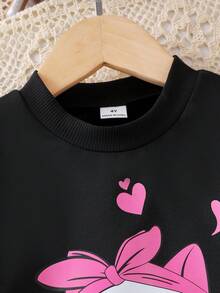 Elladie kids 女童可愛日常套裝，貓咪印花頭巾，圓領長袖灰色上衣，粉色愛心印花黑色長褲，兒童秋季休閒穿搭 - 黑色 - 查看 4