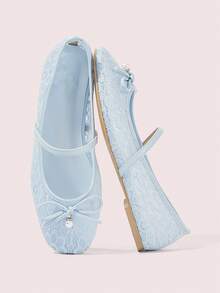 CUCCOO DOLLMOD Women's Blue Mesh Color-Blocking PU Pearl Bow Decor Cute Mary Jane Flat Sandals, Suitable For Vacation - Blue - View 2