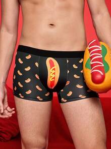 Notgurli Men's Funny Cartoon Sausage & Hot Dog Print Colorblock Casual Comfortable Boxer Briefs - Black - View 5
