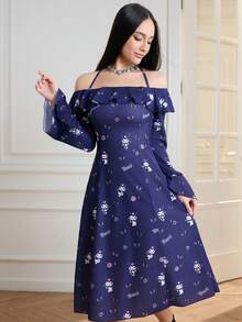 HELLO KITTY AND FRIENDS | SHEIN Women's Elegant Off Shoulder Ruffle Sleeve Belted Floral Print Dress, Suitable For Spring And Autumn Off Shoulder Dresses For Woman Blue Flower Dress Blue Off Shoulder Dress Women Blue Dress - Purple - View 1