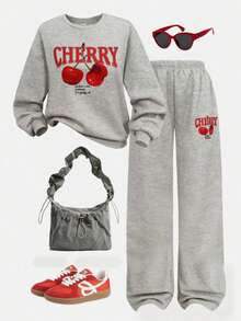 1 Set Tween Girls Casual Cherry Pattern Crew Neck Long Sleeve Sweatshirt And Pants Suit, Cozy Fall & Winter Styles, Grey Sweatsuit