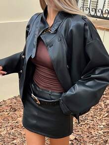 DAZY Chaqueta casual de mujer de manga larga regular con doble botonadura de unicolor en piel sintética (PU) - Negro - Ver 2