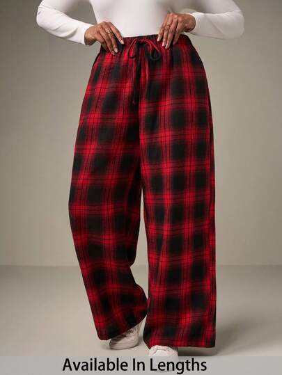 SHEIN Tall CURVE Pantalon cargo ample en tartan rouge de Noël pour femmes grandes tailles, avec taille à cordon de serrage et poches, doublure thermique