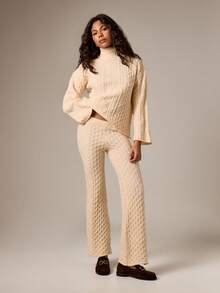 AiiRZ Conjunto de suéter y pantalones de punto de cable con cuello alto de cuello de tortuga y pantalones de pierna ancha para invierno - Albaricoque - Ver 1