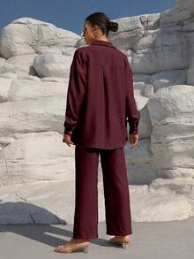 SHEIN LUNE Women's Solid Color Drop Shoulder Long Sleeve Single-Breasted Shirt And Pants Casual 2 Pieces Set - Red - View 2