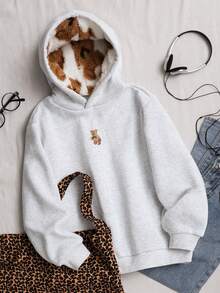 Tween Girls' Casual Street Leopard Faux Fur Hat, Five-Pointed Star & Leopard Print Pattern, Suitable For Street Style, Hooded Sweatshirt - Grey - View 3