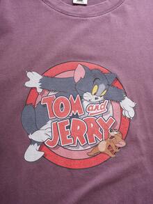 TOM & JERRY X SHEIN 男士休闲卡通图案圆领长袖T恤，秋季 - 紫色 - 查看 5