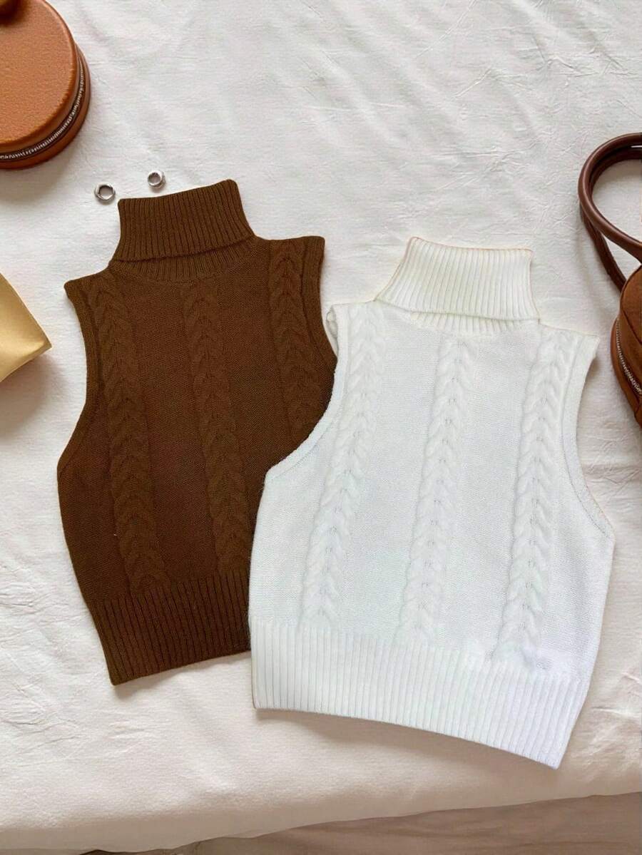 SHEIN Tall 2 Stücke Damen Herbst/Winter Twist Zopfmuster Rollkragen ärmelloses Lässig Strick Top Set, Thanksgiving, ärmelloses braun und weiß 2-teiliges Sweaterset - Verschiedenfarbig - Übersicht 1
