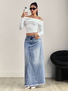 SHEIN Tall Women's Fashionable Distressed Washed Denim Mini Skirt - Light Wash - View 6