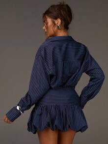 Athîral Casual Sets For Women,Fall Outfits For Women,Blue Bubble Skirt And Blouses,Brown Stripes, Co Ords Sets Women, Blue Striped Shirt, Blue Two Piece Set Women - Navy Blue - View 2