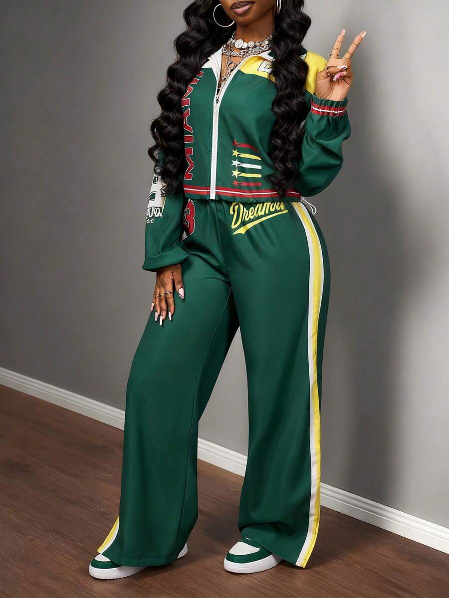 Slaydiva New Autumn/Winter Women's Back To School Outfit, Casual Business Streetwear, Retro College Style Jacket With Stand Collar Front Zipper Long Sleeve Cropped Top + Straight Leg Wide Pants With Slit Hem, Military Green Patchwork White Yellow Printed Logo, 2 Piece Set - Multicolor - View 1