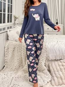 Elephant & Heart Print Tee & Pants PJ Set / Pajama Set, Fall Winter Clothes - Blue - View 3