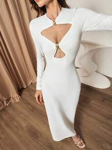 Lyxana Women's Knitted Elastic Fitted Round Neck Long Sleeve Hollow Metal Button White,Autumn,Elegant,Night Out Decor Waist Ankle-Length Straight Dress, - White - View 5
