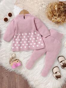 SHEIN Newborn Baby Heart Pattern Bow Decor Crew Neck Long Sleeve Sweater And Knitted Pants Cute Set Baby Set Autumn Winter Season Baby Girl Knitted Outfits Baby Girl Warm Sets Baby Girl Full Sleeve With Pant Baby Girl Clothes Spring Fall