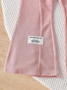 SHEIN Explorewe 2pcs/Set Young Girl' Asymmetric Hem White Polka Dot Round Neck Long Sleeve Top Paired With Matching Flare Pants, Cute & Comfortable Casual Outfit - Pink - View 7