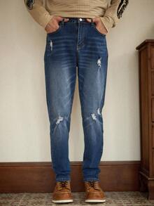 RivetRise 男士休闲水洗做旧锥形牛仔裤 - 深色水洗藍 - 查看 2