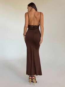 Aloruh Đầm dạ hội gợi cảm cho nữ dự tiệc màu trơn hở lưng ren chắp vá bodycon dài đuôi cá - màu nâu - Xem 4