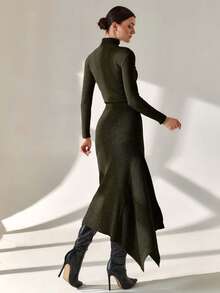 EURMUSE Smart Office Chic Asymmetrical Cut Midi Length Knitted Skirt - Army Green - View 5