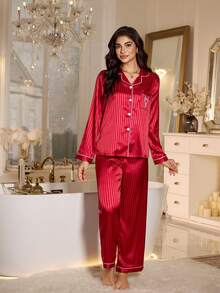 LuxeNights 仿丝条纹提花口袋爱心刺绣长袖上衣和裤子睡衣套装 红色丝绸睡衣家居服 女士红色睡衣套装 红色睡衣 红色睡衣套装，秋冬服装 - 紅色 - 查看 3